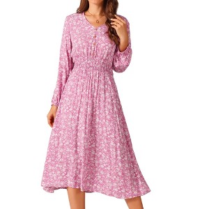 Seta T Women's Fall Casual Long Sleeve V Neck Midi Floral Boho Flowy Dress - 1 of 4