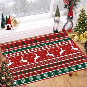 Christmas Area Rug, Washable Ultra-Thin Non-Slip Holiday Carpet with Reindeer & Snowflake Print for Living Room Bedroom Entryway, Red - 1 of 4