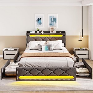Bed Frame with 4 Drawers and Storage Headboard, Upholstered Platform Bed - 1 of 4