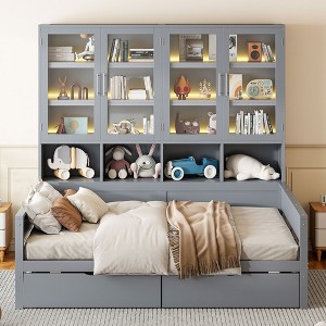 Full Size Wooden Daybed with Glass-Door Storage Cabinets, Built-in LED Lighting and Shelves - 1 of 4