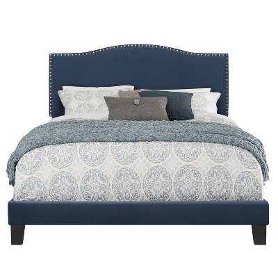 Queen Blue Velvet Upholstered Bed with Nailhead Trim
