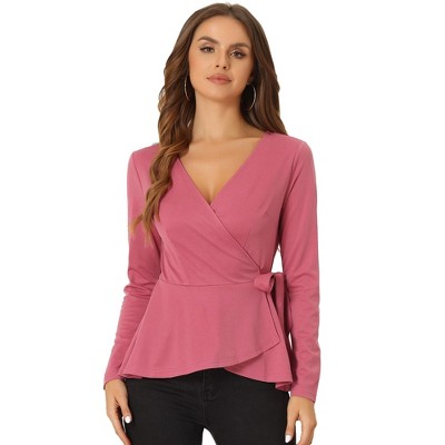 Allegra K Women's Elegant V-Neck Long Sleeves Tie Waist Knit Casual Wrap Peplum Blouse
