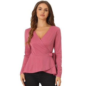 Allegra K Women's Elegant V-Neck Long Sleeves Tie Waist Knit Casual Wrap Peplum Blouse - 1 of 4
