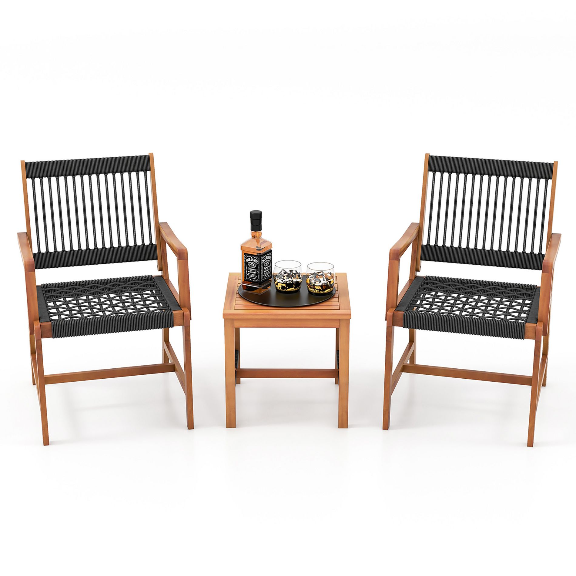 Tangkula 3 PCS Solid Acacia Wood Patio Set All-Weather Rope Woven Chair Garden Poolside