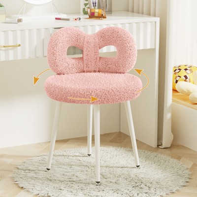 Vanity Chair with Back, Makeup Chair, Swivel Design,No Wheels,Small Upholstered Vanity Chair for Girls with Cute Bow Backrestst for Bedroom
