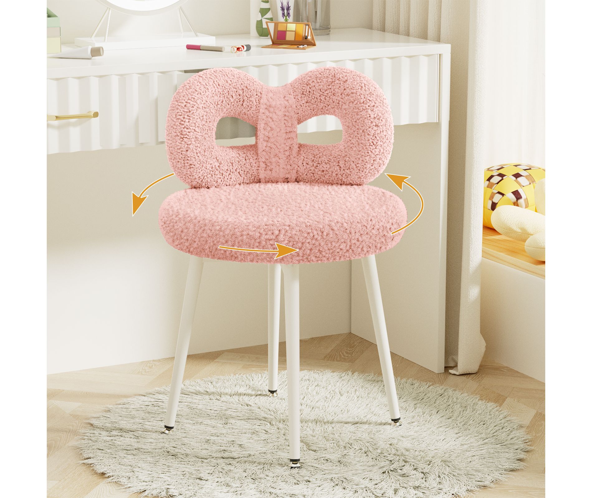 Vanity Chair with Back,Pink Makeup Chair, Swivel Design,No Wheels,Small Upholstered Vanity Chair for Girls with Cute Bow Backrestst for Bedroom