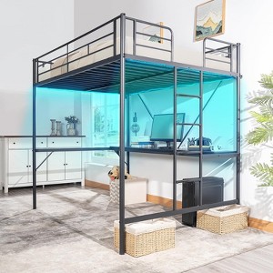 VINGLI Full Metal Loft Bunk Bed Frame with Desk Underneath,2 Charging Station,LED Lights,Safety Guardrail and Stair,No Box Spring Needed,Black - 1 of 4