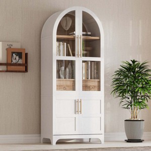 71" MDF Arched Pantry Cabinet with Glass Doors and Drawer,Kitchen Storage Cabinet with Adjustable Shelves,Farmhouse Cabinet for Dining Room-Koiai - 1 of 4