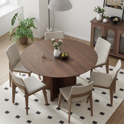 PexFix 52" x 52" Solid Wood Round Dining Table with Walnut Finish and Elegant Arched Legs for Modern Dining Rooms & Kitchens