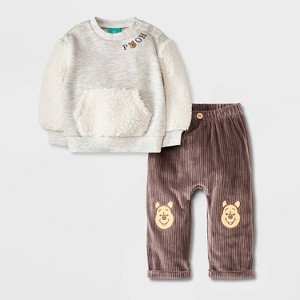 Baby Boys' Disney Winnie The Pooh 2pc Fleece Top and Corduroy Bottom Set - Brown/Gray - 1 of 4