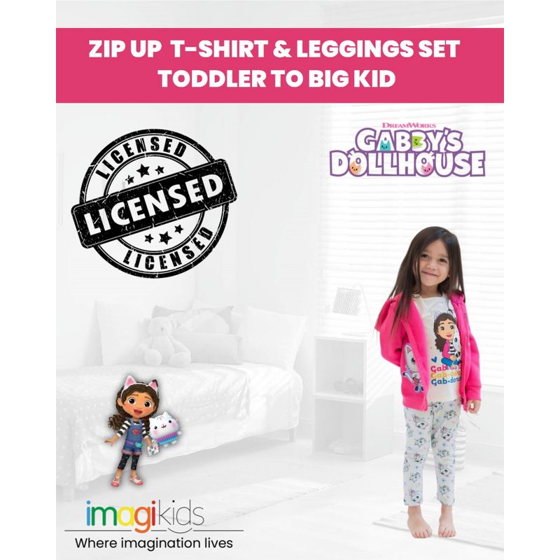 Gabby's Dollhouse Gabby Pandy Paws Girls Zip Up Fleece Hoodie T-Shirt and Leggings 3 Piece Outfit Set Toddler to Big Kid , 2 of 9