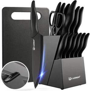 16 Pieces Kitchen Knife Block Set with Cutting Board, German Premium Quality Stainless Steel, Built-in sharpener, Dishwasher Safe, 6 Steak Knives - 1 of 4