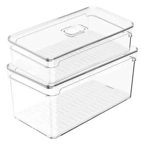 OU Fridge Food Organizer Bins with Vented Lid & Drain Tray, Clear Stackable Refrigerator Storage Bin, Produce Kitchen Storage Container, BPA Free