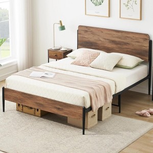 Queen Bed Frame, Metal Frame with Vintage Wood Headboard & Footboard, Under-Bed Storage, Heavy Slat Support, No Box Spring, Walnut - 1 of 4