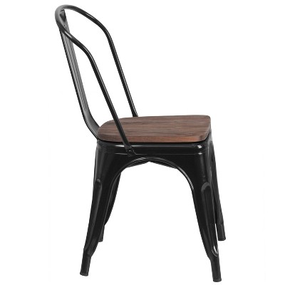 Black Metal Stackable Dining Chair with Wood Seat