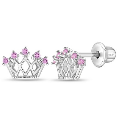 Girls' CZ Cluster Flower Screw Back Sterling Silver Earrings - Clear & Fuchsia - in Season Jewelry