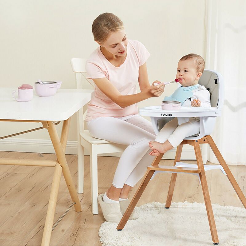 Costway 3-in-1 Convertible Wooden Baby High Chair w/ Tray Adjustable Legs Cushion Gray\ Beige, 2 of 11