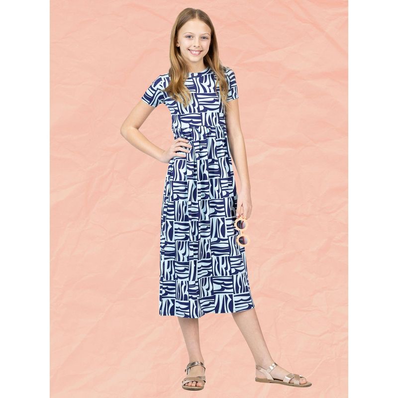 24sevenkid Girls Short Sleeve Blue Geo Print Maxi Dress, 4 of 6