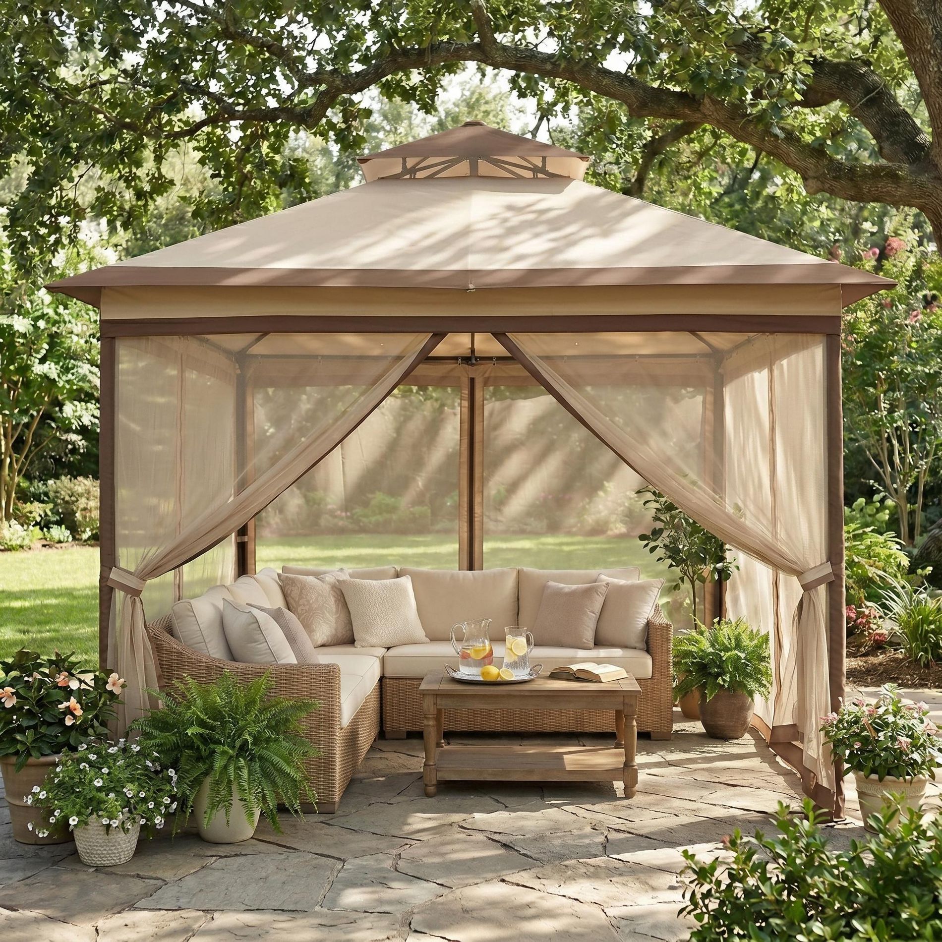 11x11 Pop Up Gazebo Canopy with Netting, 2-Tier Patio Tent for Backyard Family Gatherings, Instant Outdoor Screen House Event Pavilion