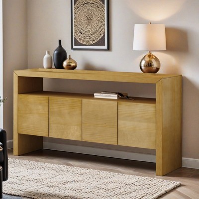 60" 4-Door Sideboard, Modern Minimalist Solid Wood Veneer Sideboard with Open Shelf, Natural Wood Grain - Leovsnove