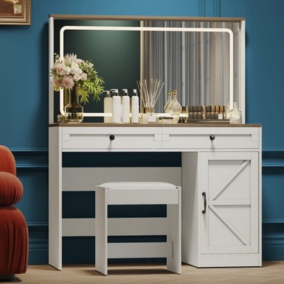 15.7”D x 43.3”W x 53.9”H Makeup Vanity Table, Makeup Table with 3 Drawers, Large Mirror and LED Light Strip