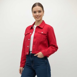 Women's Solid Color Denim Jacket with Pockets – Long Sleeve Button Front Casual Outerwear by Cherie Code - 1 of 4