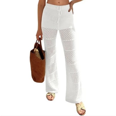 Wikineon Womens Beach Cover Up Pants Boho Crochet Knit High Waist Drawstring Sheer Hollow Swim Pant Swimwear