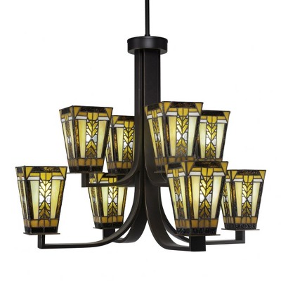 Toltec Lighting Apollo 8 - Light Chandelier in  Dark Granite with 5" Square Santa Cruz Art Glass Shade