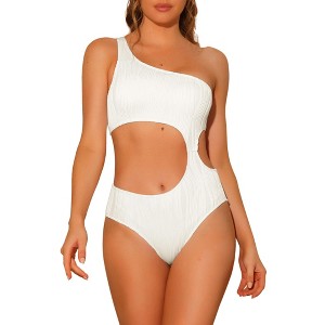 Elerevyo Women's One Shoulder Asymmetric Waist Cutout Ribbed Swimwear Bathing Suit Monokini One Piece - 1 of 4