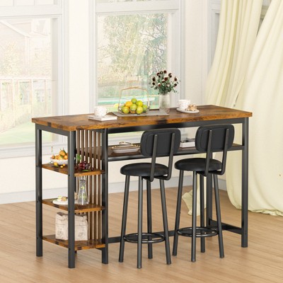 Hooseng 3-Piece Dining Room Table Set with 2 Upholstered Bar Stools, Modern Farmhouse Style Bar Table Set for 2 with Multiple Tier Storage Shelves