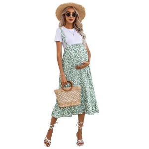 Maternity Maxi Skirt Womens High Waisted Boho Summer Casual Flowy Ruffle Suspender Long Pregnancy Skirt Overall Dress - 1 of 4