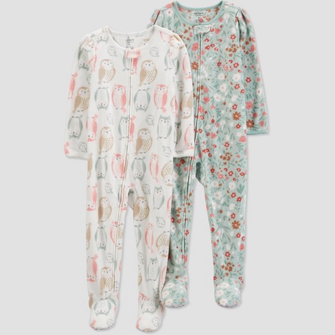 Carter's Just One You®️ Toddler Girls' 2pk Florals and Owls Fleece Footed  Pajama - Ivory/Green 3T