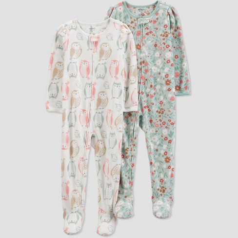 Carter s Just One You Toddler Girls 2pk Florals and Owls Fleece Footed Pajama Ivory Green 3T