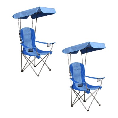 Kamp-Rite KAMPCC466 Outdoor Camping Furniture Beach Patio Sports Folding Quad Lawn Chair with Shade Canopy and Cup Holders, Blue (2 Pack)