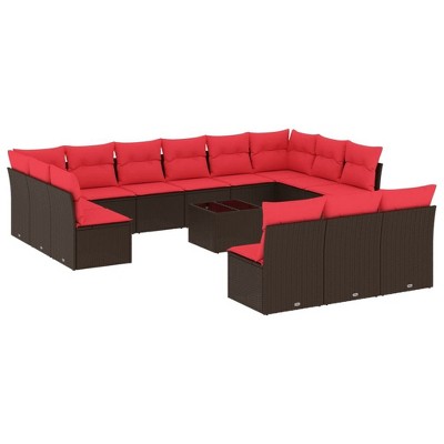 vidaXL 14 Piece Patio Sofa Set with Cushions - Brown and Red With Table