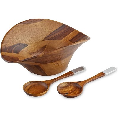 Nambe Ripple Salad Bowl and 2 Servers, Acacia Wood & Nambe Alloy ,15.5" L x 6" H