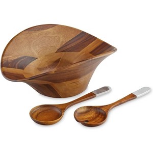 Nambe Ripple Salad Bowl and 2 Servers, Acacia Wood & Nambe Alloy ,15.5" L x 6" H - 1 of 4
