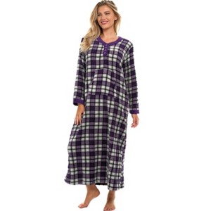 ADR Women's Plush Fleece Nightgown Woman, Long Cozy Kaftan with Pockets, Plaid & Solid Colors - 1 of 4