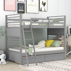 NicBex Twin over Twin Bunk Bed Convertible Pine Bed Frame with 2 Drawers, Full Length Guardrail and Inclined Ladder, No Box Spring Required - 1 of 4