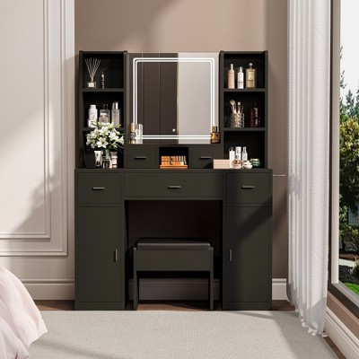 NicBex Makeup Vanity Desk with Mirror and Light, Makeup Table with 6 Open Shelves,2 Hiden Shelves and 5 Drawers for Bedroom