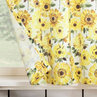 Yellow Sunflower Print Semi-Sheer Rod Pocket Kitchen Curtain Set