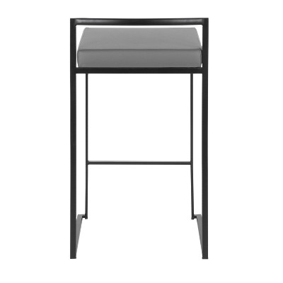 Black Metal and Wood Counter Stool with Grey Faux Leather Cushion