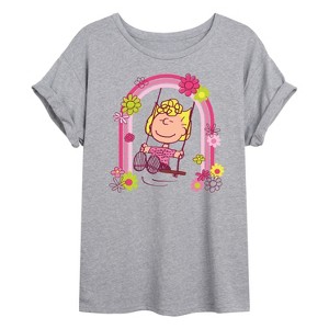 Women's - Peanuts - Sally Brown Retro Rainbow Swing With Flowers Oversized Graphic T-Shirt - 1 of 4