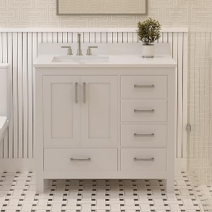 Rooh Solid Wood Bathroom Vanity with White Quartz Top & Undermount Sinks with 3 Pre Drilled Faucet Holes - 1 of 4
