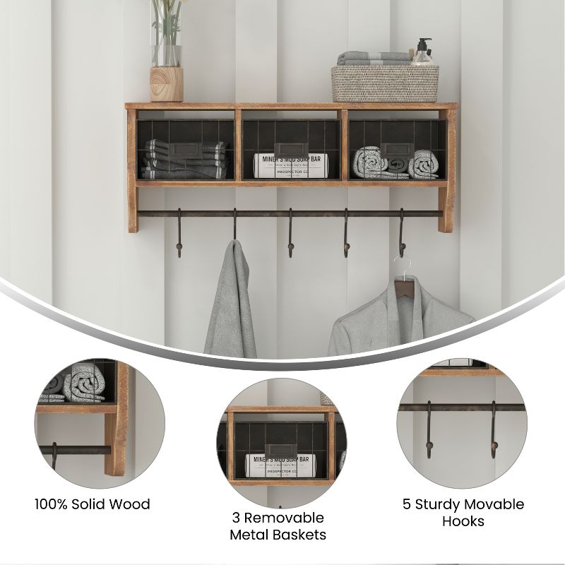 Emma and Oliver Rustic Country Wall Mounted Shelf with 5 Adjustable Sliding Hooks and Three Wire Storage Baskets, 5 of 10