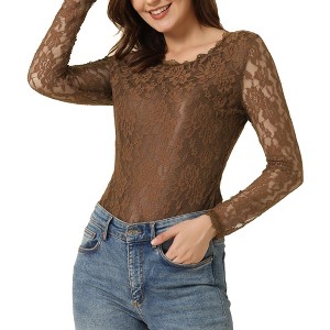 Allegra K Women's Slim Fit Sheer-Long-Sleeves Flower Embroidery Lace Top - 1 of 4