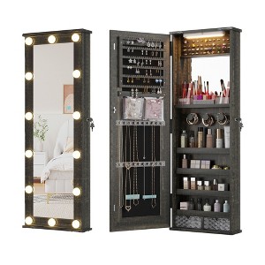 Fredees Farmhouse Jewelry Cabinet with 10 LED Lights, Tall Lockable Wall or Door-Mounted Armoire Organizer with Mirror - 1 of 4