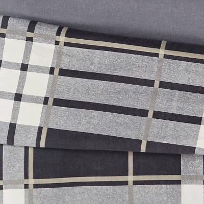 Milo Plaid Twin XL Gray Cotton Flannel Duvet Cover Set