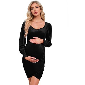 Coolmee Women's Maternity Midi Dress Sexy Sweetheart Long Sleeve Velvet Ruched Elegant Cocktail Wedding Guest Bodycon Dress - 1 of 4