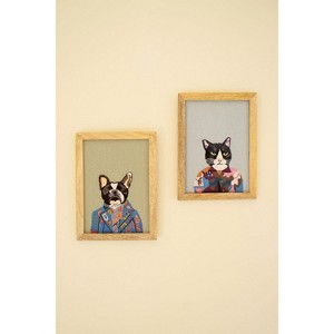 Wall Art 8" H - Framed Embroidery Dog & Cat Design on Cotton Fabric, Set of 2 By Kalalou - 1 of 3